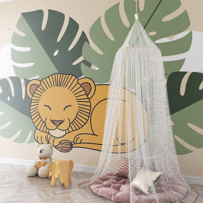 Kinderzimmer Tapete | Kuschelnder Löwe und tropisches Laubwerk
