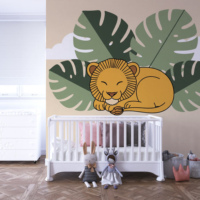 Kinderzimmer Tapete | Kuschelnder Löwe und tropisches Laubwerk