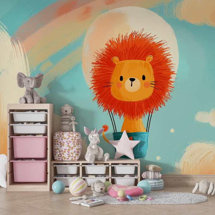 Kinderkamer behang | Leeuw in een luchtballon
