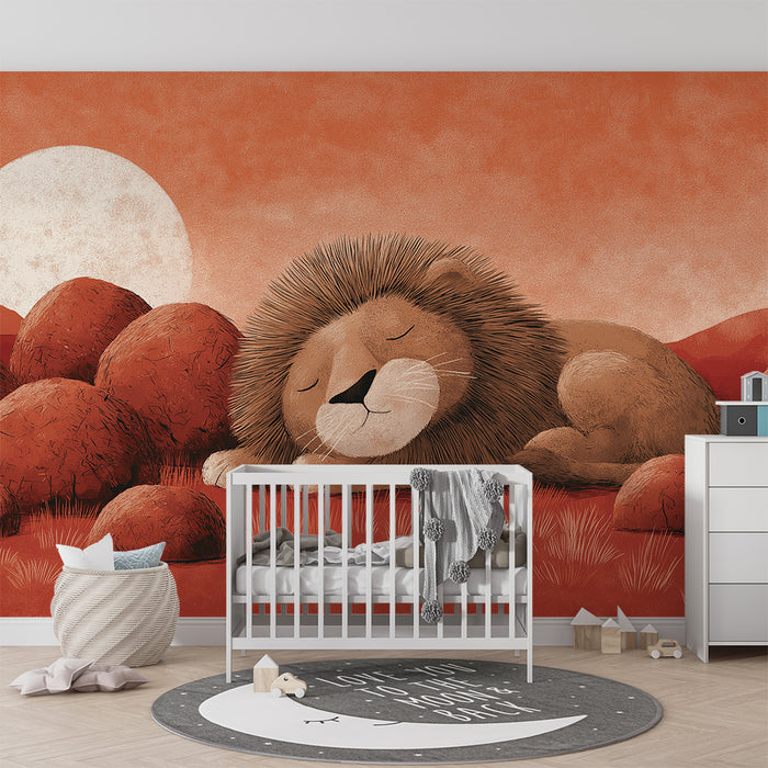 Kinderzimmer Tapete | Schlafender Löwe in einer warmen Landschaft
