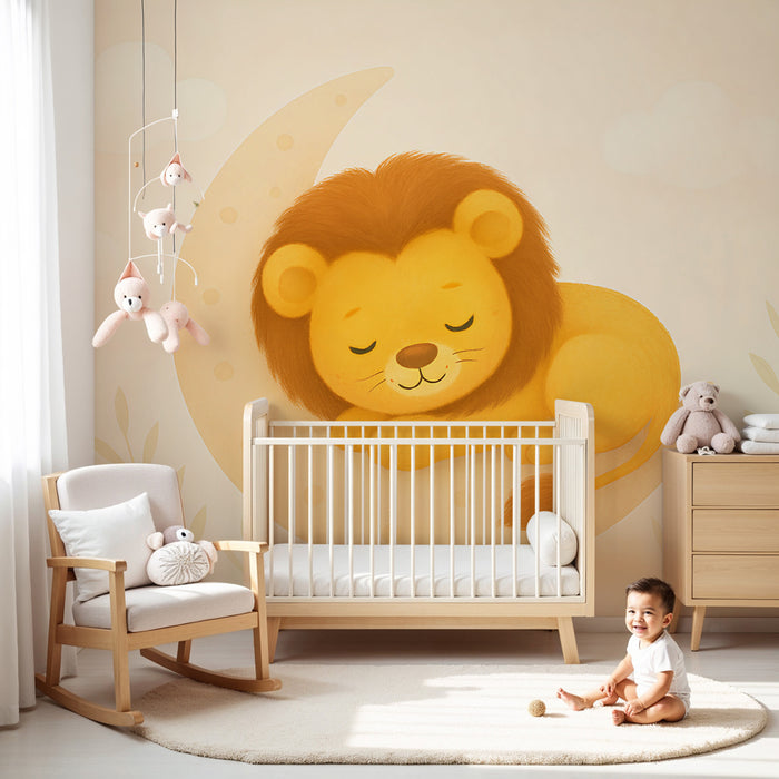 Papier peint chambre enfant | Lion endormi sur un croissant de lune