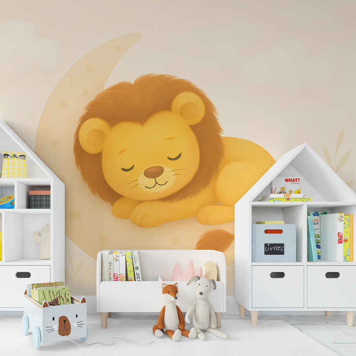Papier peint chambre enfant | Lion endormi sur un croissant de lune