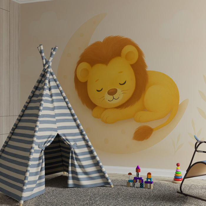 Papier peint chambre enfant | Lion endormi sur un croissant de lune