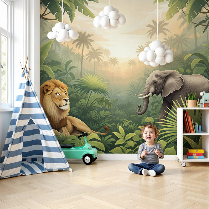 Barnrumstapet | Lejon och elefant i en frodig djungel