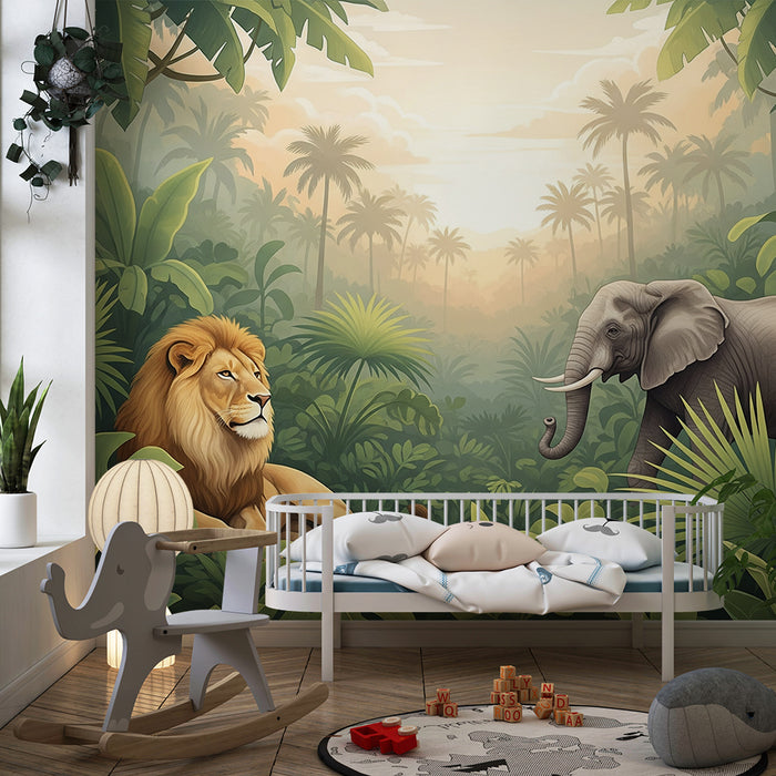Barnrumstapet | Lejon och elefant i en frodig djungel