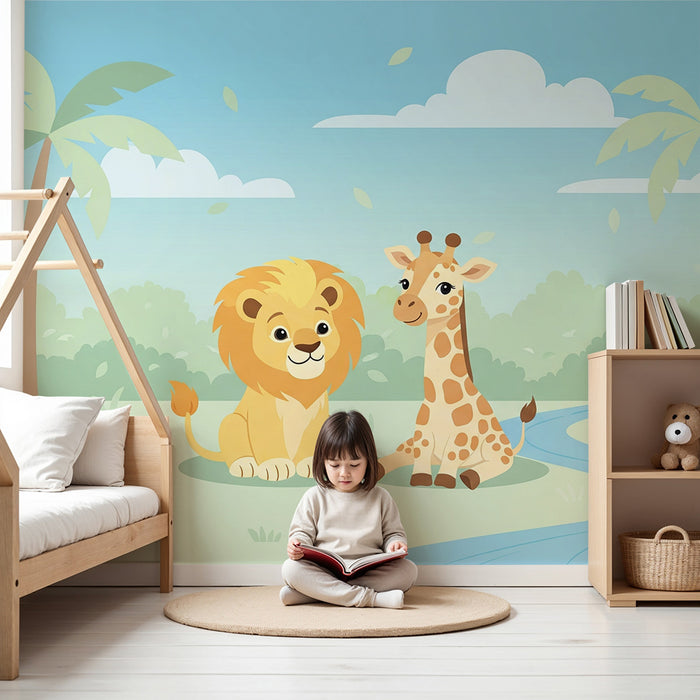 Carta da parati bambini | Leone e giraffa in un paesaggio tropicale