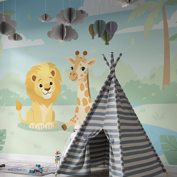 Carta da parati bambini | Leone e giraffa in un paesaggio tropicale