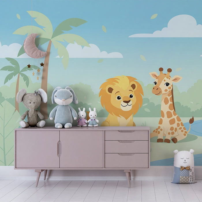 Carta da parati bambini | Leone e giraffa in un paesaggio tropicale