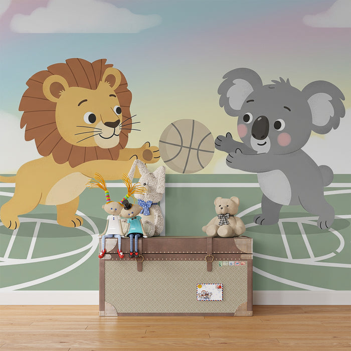 Børneværelse tapet | Løve og koala spiller basketball