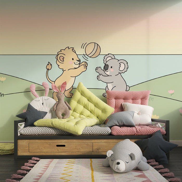 Papel pintado infantil | León y koala jugando juntos