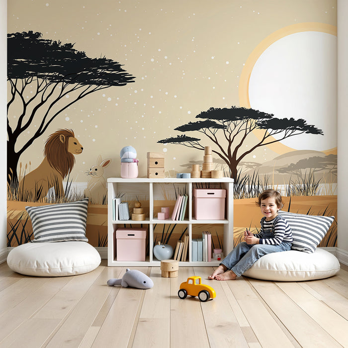 Papier peint chambre enfant | Lion et lapin dans la savane au coucher du soleil