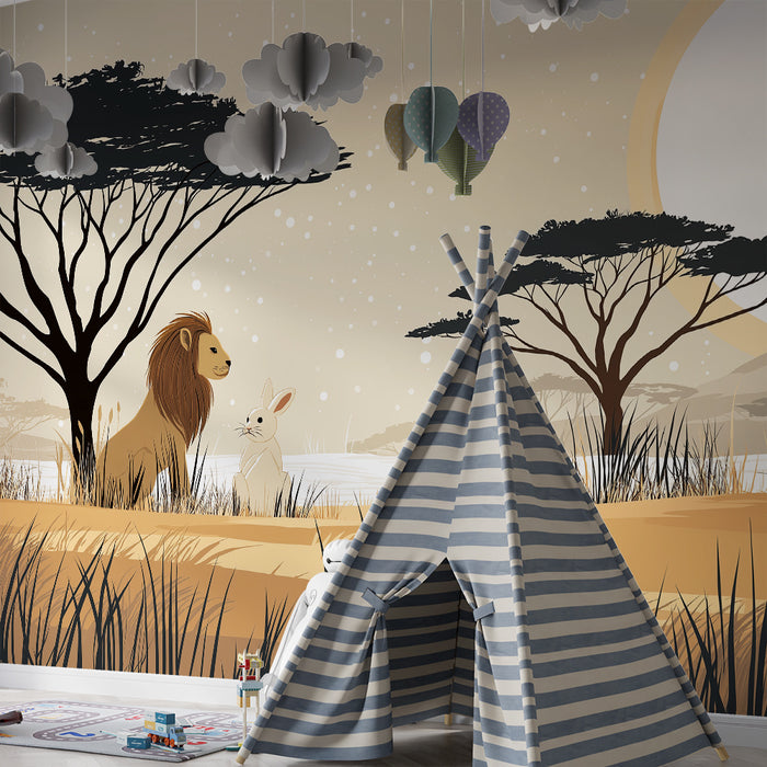 Papier peint chambre enfant | Lion et lapin dans la savane au coucher du soleil