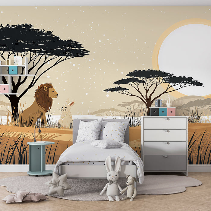 Papier peint chambre enfant | Lion et lapin dans la savane au coucher du soleil