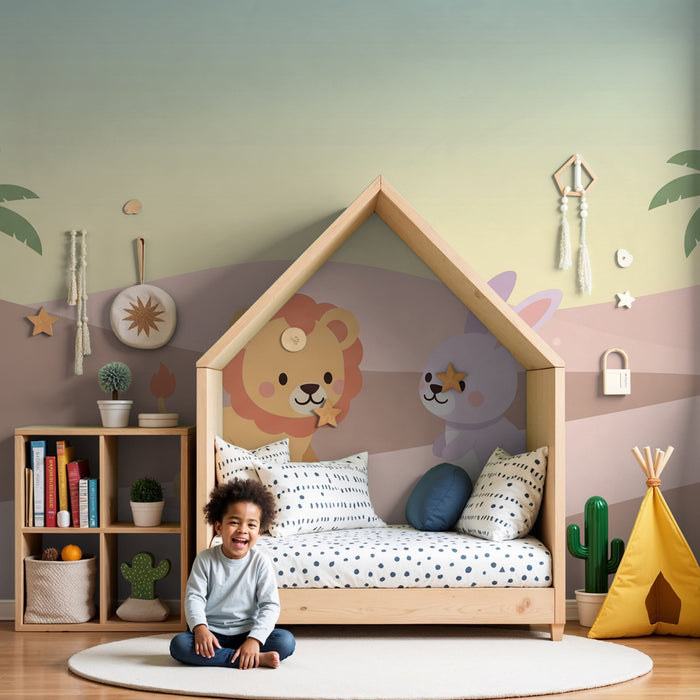 Carta da parati bambini | Leone e coniglio nel deserto