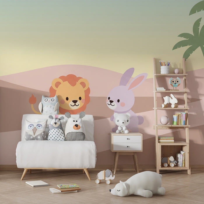 Carta da parati bambini | Leone e coniglio nel deserto