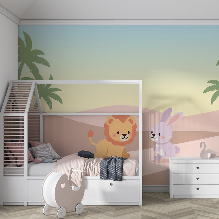 Carta da parati bambini | Leone e coniglio nel deserto
