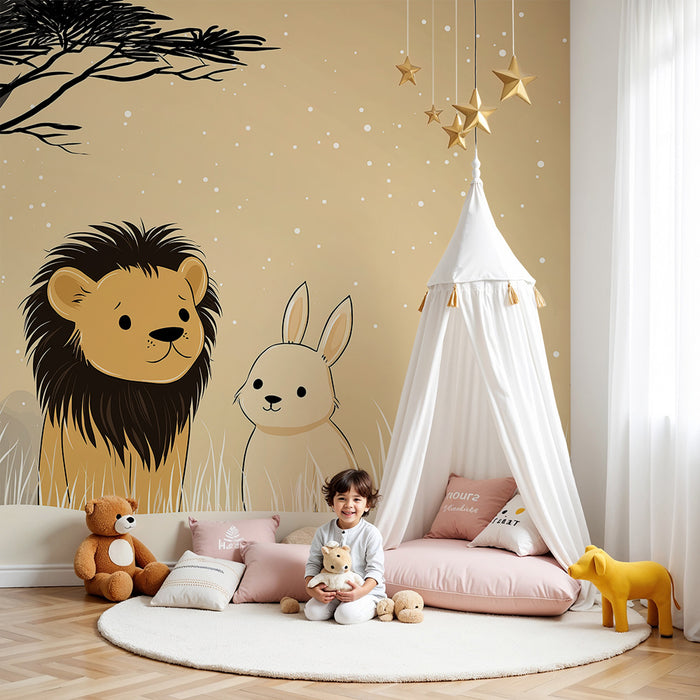 Papier peint chambre enfant | Lion et lapin dans un paysage doux et enneigé