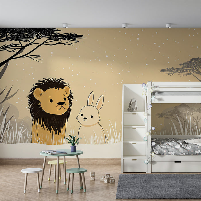Papier peint chambre enfant | Lion et lapin dans un paysage doux et enneigé
