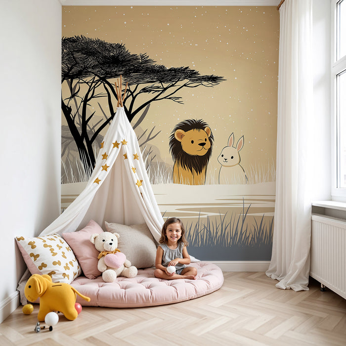 Carta da parati bambini | Leone e coniglio sotto la luna nella savana