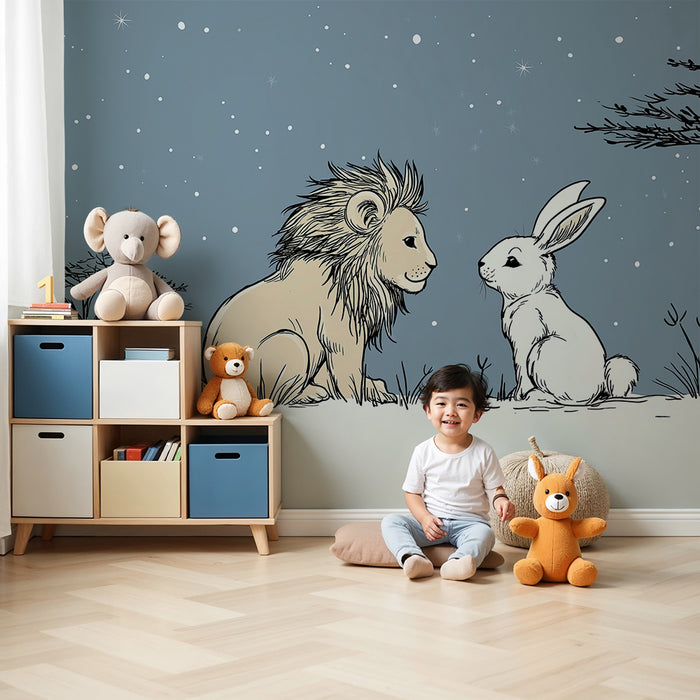 Carta da parati bambini | Leone e coniglio sotto un cielo blu stellato