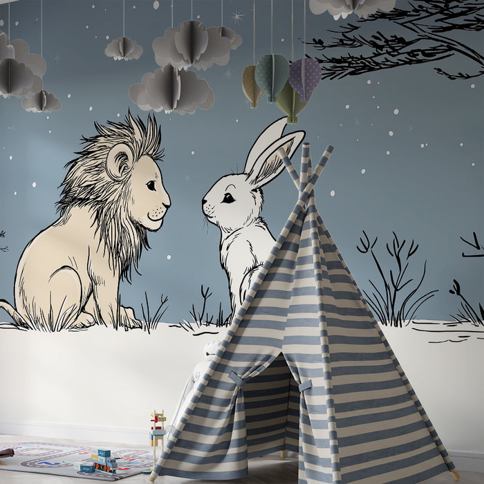 Carta da parati bambini | Leone e coniglio sotto un cielo blu stellato