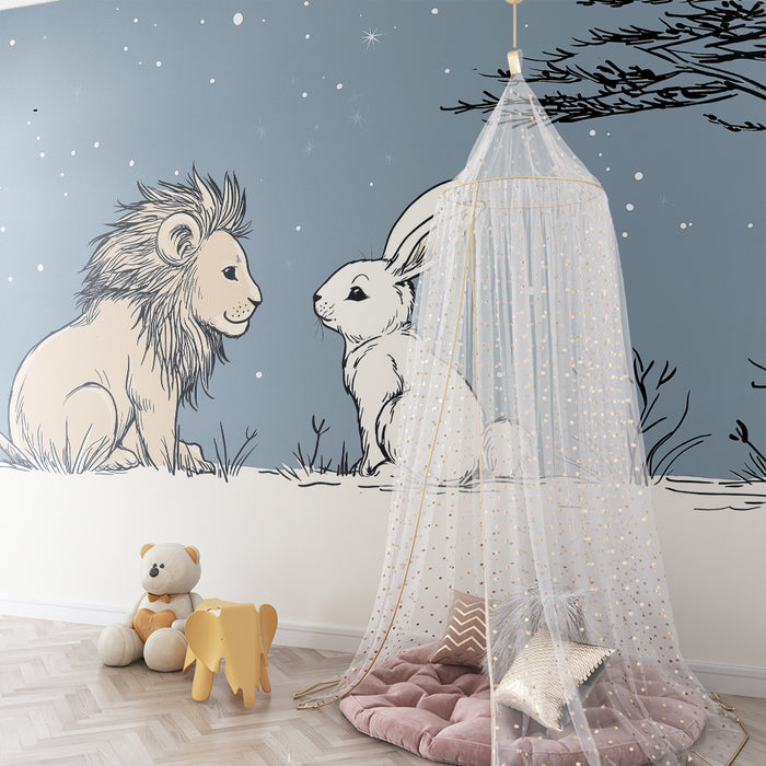 Carta da parati bambini | Leone e coniglio sotto un cielo blu stellato
