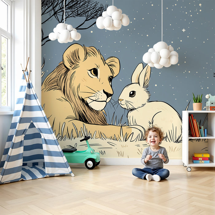 Papier peint chambre enfant | Lion et lapin sous un ciel étoilé