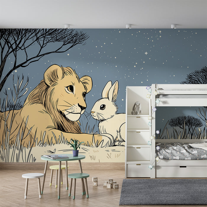 Papier peint chambre enfant | Lion et lapin sous un ciel étoilé