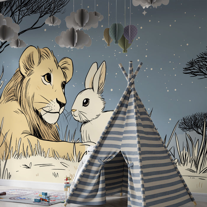 Papier peint chambre enfant | Lion et lapin sous un ciel étoilé
