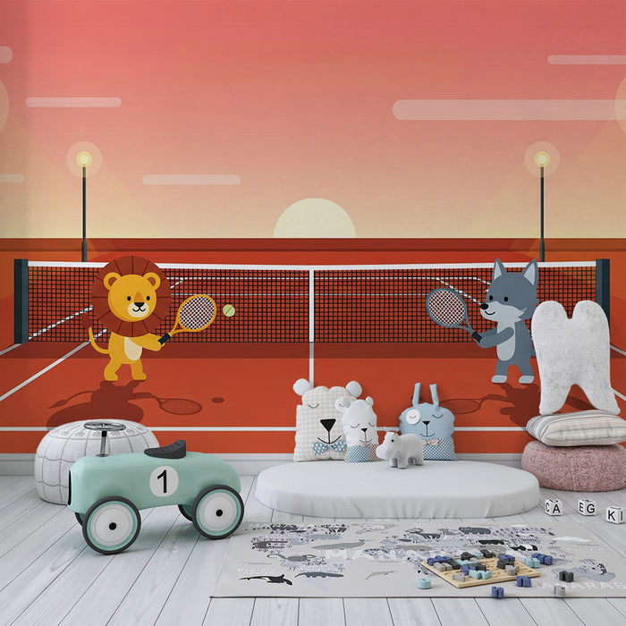 Barnrumspapper | Lejon och varg spelar tennis under solnedgång