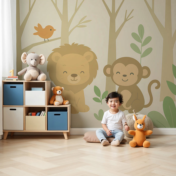 Kinderzimmer Tapete | Löwe und Affe im Dschungel