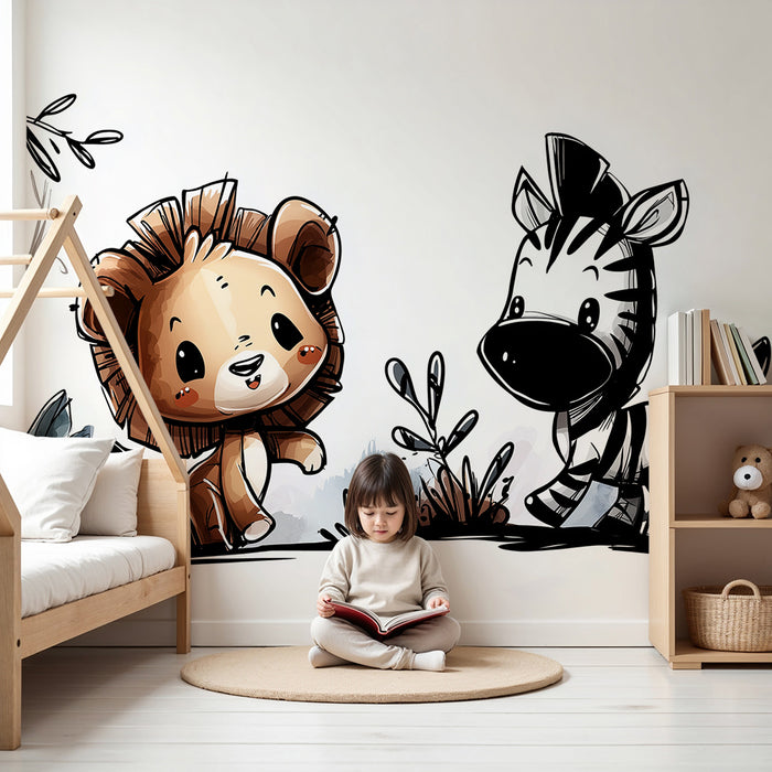 Papel pintado infantil | Divertidos león y cebra en la jungla