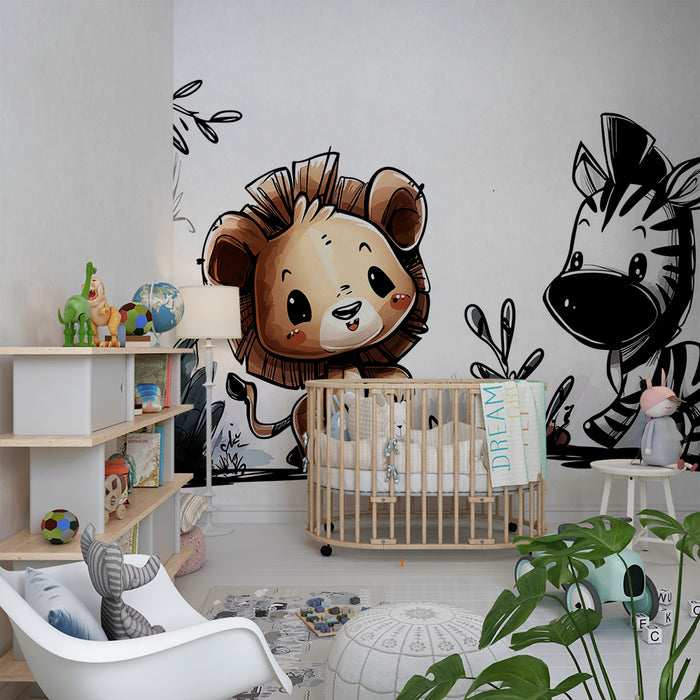 Papel pintado infantil | Divertidos león y cebra en la jungla