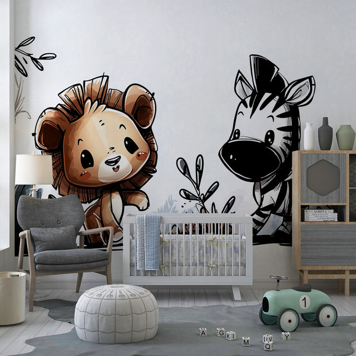 Papel pintado infantil | Divertidos león y cebra en la jungla