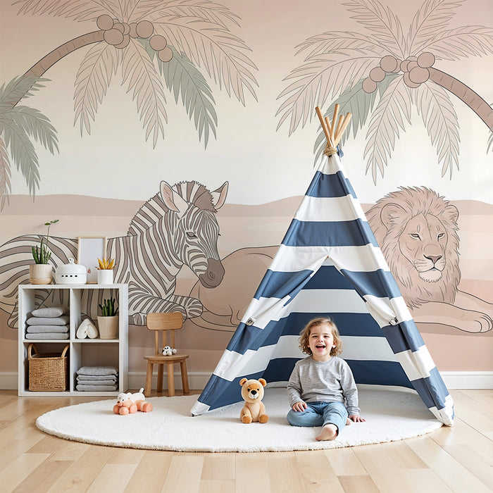 Kinderzimmer Tapete | Löwe und Zebra unter Palmen in einer beruhigenden Umgebung