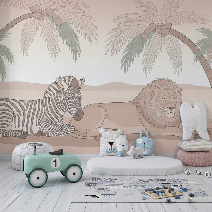Kinderzimmer Tapete | Löwe und Zebra unter Palmen in einer beruhigenden Umgebung