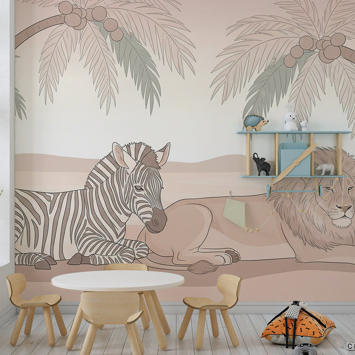 Kinderzimmer Tapete | Löwe und Zebra unter Palmen in einer beruhigenden Umgebung