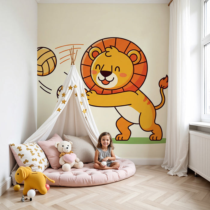 Behang kinderkamer | Speelse leeuw met volleybalballonnen