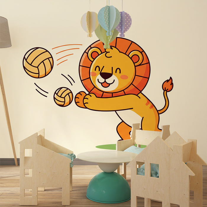 Behang kinderkamer | Speelse leeuw met volleybalballonnen