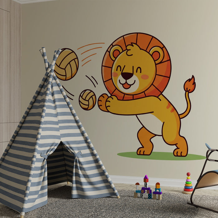 Behang kinderkamer | Speelse leeuw met volleybalballonnen