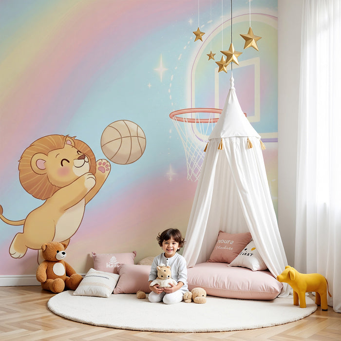 Børneværelse tapet | Løve basketballspiller i en pastelverden