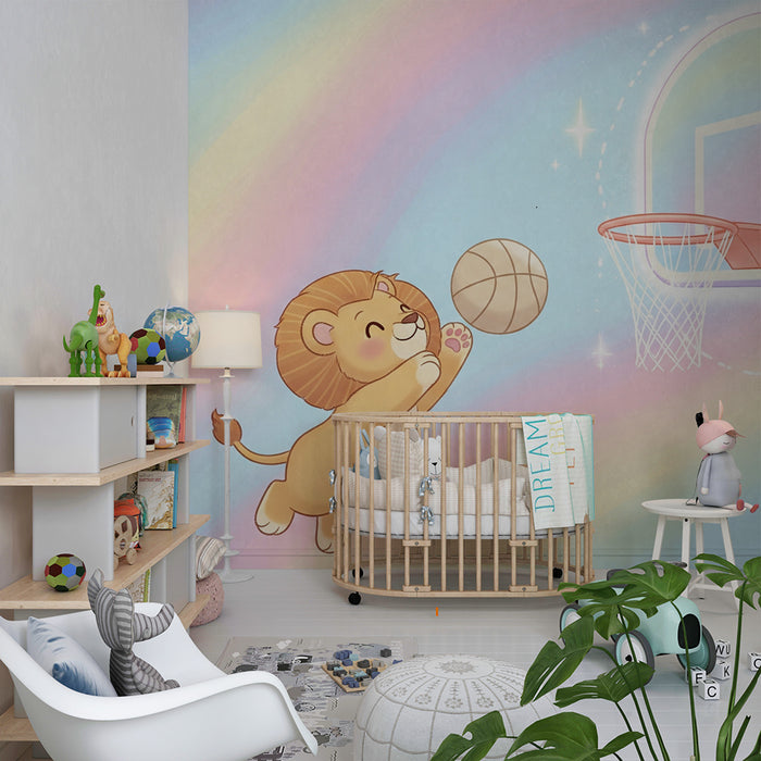 Børneværelse tapet | Løve basketballspiller i en pastelverden