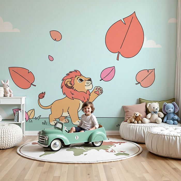 Kinderzimmer Tapete | Spielender Löwe unter einem blauen Himmel mit bunten Blättern