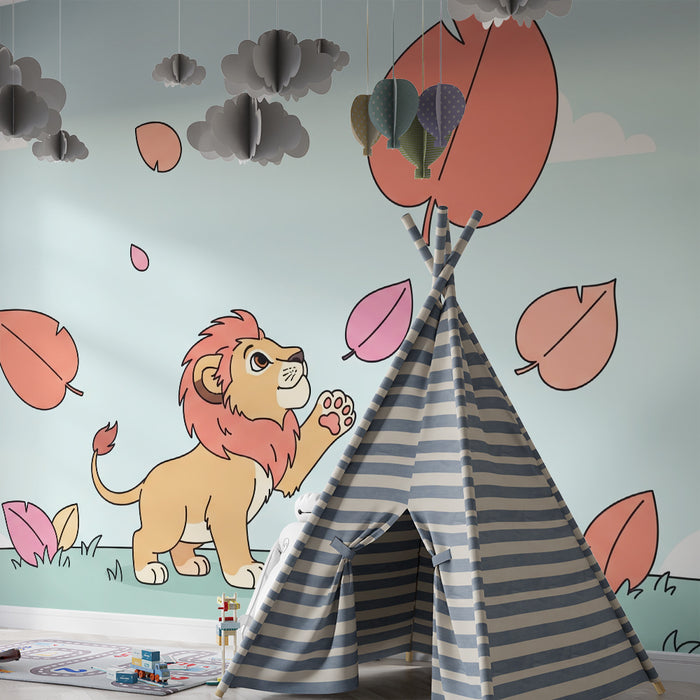 Kinderzimmer Tapete | Spielender Löwe unter einem blauen Himmel mit bunten Blättern