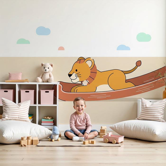 Kinderzimmer Tapete | Löwe spielt auf der Rutsche