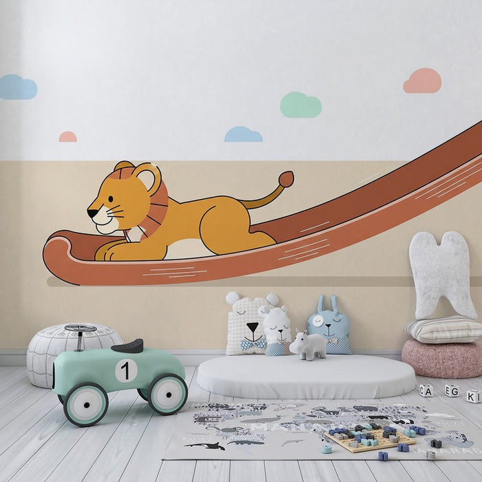 Kinderzimmer Tapete | Löwe spielt auf der Rutsche