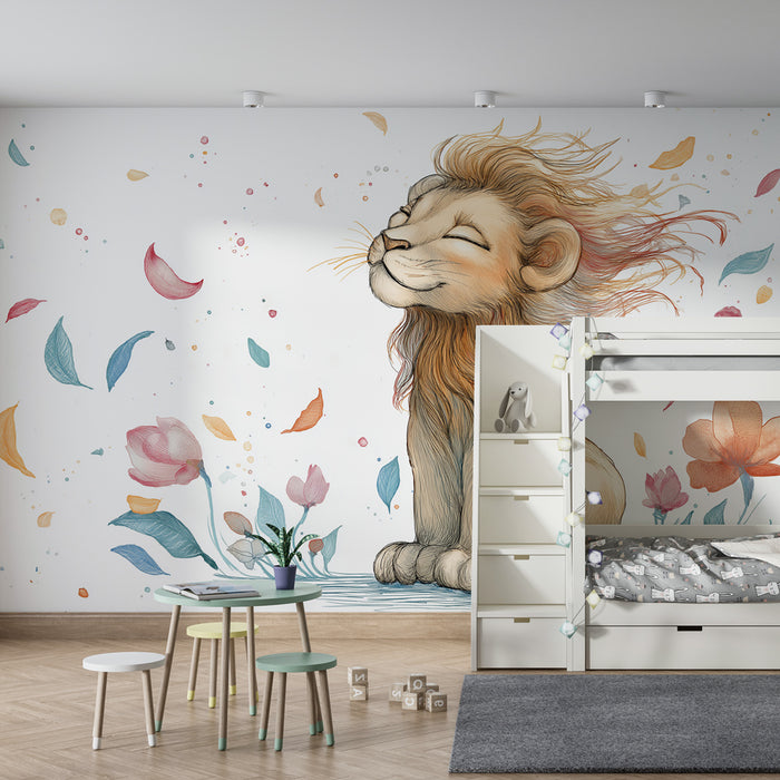 Barntapet | Glad lejon mitt i blommorna