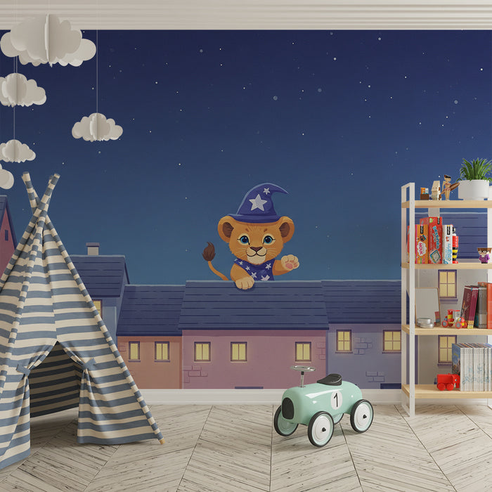 Kinderzimmer Tapete | Zaubernder Löwe auf den Dächern unter einem Sternenhimmel