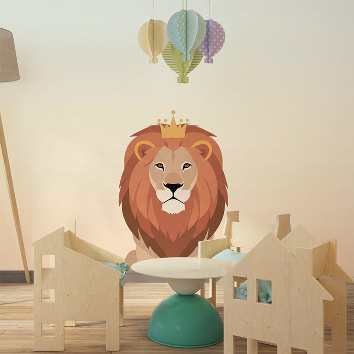 Kinderzimmer Tapete | Majestätischer Löwe mit Krone auf pastellfarbenem Hintergrund