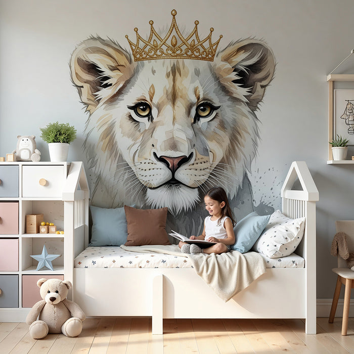 Papel de parede infantil | Leão majestoso coroado com respingos artísticos